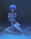  1girl ahoge artist_name astrocatsama ayanami_rei blue_bow blue_hair bodysuit bow closed_mouth copyright_name expressionless full_body gloves hair_ornament hand_on_own_arm highres looking_at_viewer neon_genesis_evangelion plugsuit red_eyes robot short_hair sitting solo white_bodysuit white_bracelet white_gloves yokozuwari 