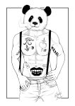 animal_head animal_humanoid athletic athletic_male bear black_and_white border bottomwear cigarette clothing crisreyart for_a_head giant_panda humanoid looking_at_viewer male mammal monochrome pants portrait smoke smoking smoking_cigarette solo suspenders tattoo three-quarter_portrait white_border yin_yang