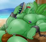  beach belly book bulge chain ear_piercing eyewear glasses green_skin human kuruk male mammal mio miotoko muscles nipple_piercing nipples orc overweight piercing pince-nez reading sea seaside shackles solo thong water 