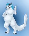 anthro belly big_belly black_claws black_horn blue_background blue_eyes blue_hair claws dragon fur gesture hair hand_on_own_belly hi_res horn hybrid kairyu-shin male mammal mustelid navel otter pointing pointing_up pregnant pregnant_male simple_background solo standing tigerroundsup white_body white_fur
