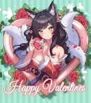  1girl ahri_(league_of_legends) animal_ears artist_name black_hair box braid breasts english_text fingernails flower fox_ears fox_tail gift green_background happy_valentine heart heart-shaped_box holding holding_gift large_breasts league_of_legends looking_at_viewer multiple_tails red_nails rose saylamars sharp_fingernails smile solo striped_background tail valentine white_tail yellow_eyes 