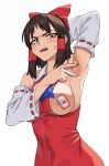  1girl absurdres areola_slip arm_up armpits ascot blue_ascot blush bo_(bocky0w0) breasts brown_eyes brown_hair collared_dress commentary_request cookie_(touhou) covered_navel cowboy_shot detached_sleeves dress fingernails hakurei_reimu highres large_breasts looking_at_viewer medium_bangs ofuda ofuda_on_nipples open_mouth pasties red_dress ribbon-trimmed_sleeves ribbon_trim short_hair sideboob sidelocks simple_background sleeveless sleeveless_dress solo spread_armpit teeth togashi_(cookie) touhou upper_teeth_only white_background white_sleeves yin_yang 