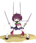  1girl blue_skirt blush_stickers commentary_request highres holding holding_sword holding_weapon japanese_clothes katana kimono konori_(ahurerukuiizi) legs_apart long_sleeves looking_at_viewer mouth_hold obi obiage obijime okobo outstretched_arms pleated_skirt purple_hair red_eyes sandals sash simple_background skirt socks solo sparkle spread_arms standing sword sword_hair_ornament touhoku_kiritan triple_wielding v-shaped_eyebrows voiceroid weapon white_background white_kimono white_socks 