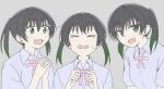  &gt;_&lt; 1girl black_hair blush clone collared_shirt commentary commentary_request gradient_hair green_eyes grey_background hair_between_eyes jeffraysann looking_at_viewer love_live! love_live!_nijigasaki_high_school_idol_club medium_hair multicolored_hair neck_ribbon nijigasaki_academy_school_uniform open_mouth palms_together pink_ribbon ribbon school_uniform shirt short_sleeves sidelocks summer_uniform sweatdrop takasaki_yuu twintails upper_body wavy_mouth 