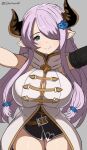  1girl absurdres bare_shoulders black_gloves blue_eyes blush braid breasts cleavage draph elbow_gloves gloves granblue_fantasy hair_ornament hair_over_one_eye highres horns large_breasts long_hair looking_at_viewer narmaya_(granblue_fantasy) pointy_ears pov purple_hair single_glove smile solo stormowl0 thighs very_long_hair 