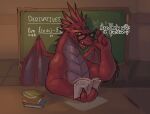 anthro chalkboard classroom claws desk dialogue dragon furniture hi_res looking_at_viewer male membrane_(anatomy) membranous_wings mr._mordaut open_book professor reading red_body red_scales scales scalie school shayda_idk sitting solo spikes table teacher western_dragon wings yellow_eyes