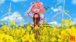  1girl absurdres ahoge arm_up bandaged_arm bandages blue_sky breasts brown_tabard bun_cover closed_mouth day facing_viewer frilled_shirt frills gold_trim green_skirt hair_between_eyes hand_on_own_forehead highres ibaraki_kasen open_mouth outdoors pink_hair puffy_short_sleeves puffy_sleeves qian_liu rapeseed_blossoms shirt short_sleeves skirt sky small_breasts smile solo tabard teeth touhou upper_teeth_only white_shirt 