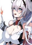  1girl :d absurdres armor bare_shoulders blue_eyes blush breasts cleavage cowlick cross cross_earrings detached_sleeves earrings finger-tip_fire fire gloves godcastlenoa hair_between_eyes hair_ornament hand_up highres honkai_(series) honkai_impact_3rd huge_breasts index_finger_raised jewelry kiana_kaslana kiana_kaslana_(herrscher_of_flamescion) long_hair long_sleeves looking_at_viewer open_mouth shirt sidelocks simple_background sleeveless sleeveless_shirt smile solo sweat upper_body white_background white_gloves white_hair 