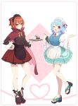  2girls :d absurdres adapted_costume alternate_costume apron aqua_skirt black_apron black_footwear black_headdress black_shirt blue_hair blue_vest blush bow cape commentary_request dessert enmaided food frilled_skirt frilled_sleeves frills fruit full_body hair_bow hand_on_own_hip hand_up heart highres holding holding_notepad holding_plate juliet_sleeves light_blue_hair long_sleeves looking_at_viewer maid maid_headdress medium_hair multiple_girls necktie nnyara notepad open_mouth pink_necktie plate puffy_sleeves receipt red_bow red_cape red_eyes red_hair red_skirt sekibanki shirt short_hair skirt sleeves_past_elbows smile strawberry sweatdrop tatara_kogasa touhou vest white_apron white_headdress wide_sleeves 