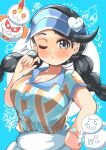  1girl absurdres black_eyes black_hair blue_headwear braid breasts candice_(palentine&#039;s_2024)_(pokemon) candice_(pokemon) character_snowman cleavage cryogonal galarian_darmanitan galarian_darmanitan_(zen) hand_on_own_hip highres large_breasts long_hair lop_shauntal2 official_alternate_costume one_eye_closed pokemon pokemon_(creature) pokemon_masters_ex short_sleeves twin_braids upper_body vanillite visor_cap 