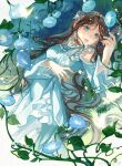  1girl absurdres arm_up bare_shoulders blue_dress blue_eyes bracelet brown_hair bug butterfly closed_mouth douluo_dalu dress glowing_butterfly grass highres jewelry kunkun_kuakua_kuku_ka_kaji long_hair long_sleeves lying ning_rongrong_(douluo_dalu) on_back plant second-party_source solo tiara turning_head upper_body vines 