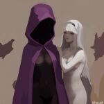  2girls artist_name black_hairband black_skin breasts colored_skin commentary completely_nude english_commentary facing_viewer hairband leaning_on_person long_hair looking_to_the_side multiple_girls navel nude original potameart purple_hood shaded_face standing white_hair white_skin 