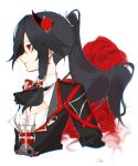  1girl artist_name ascot black_ascot black_shirt black_sleeves cleavage_cutout clothing_cutout flower fu_hua fu_hua_(blood_voivode) fu_hua_(shadow_knight) hair_between_eyes hair_flower hair_ornament high_ponytail highres honkai_(series) honkai_impact_3rd long_hair long_sleeves looking_to_the_side official_alternate_costume ponytail red_eyes red_flower rose shirt sho_2nini simple_background solo upper_body vampire white_background 