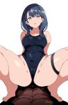  1boy 1girl abs barefoot batta_16-sei black_hair black_one-piece_swimsuit commentary_request competition_swimsuit covered_nipples grey_eyes gridman_universe highres long_hair looking_at_viewer m_legs multicolored_clothes multicolored_swimsuit one-piece_swimsuit pov simple_background sitting solo_focus spread_legs ssss.gridman straddling swimsuit takarada_rikka white_background 