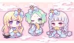  3girls blonde_hair blue_bow blue_kimono blunt_bangs bow braid chibi closed_mouth cloud earrings flower folding_fan gradient_hair green_eyes green_hair grey_hair hair_bow hair_flower hair_ornament hand_fan hinamatsuri hirabitai hishimochi holding holding_fan idol_time_pripara japanese_clothes jewelry kimono koda_michiru kokichi_yoko layered_clothes layered_kimono long_hair long_sleeves looking_at_viewer miichiru_(pripara) multicolored_hair multiple_girls nijiiro_nino one_eye_closed outline pink_background pink_flower pretty_series pripara purple_eyes red_eyes short_hair sitting smile twin_braids very_long_hair wide_sleeves yumekawa_yui 