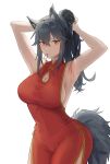  1girl absurdres animal_ears arknights armpits black_hair breasts china_dress chinese_clothes chinese_new_year cleavage_cutout clothing_cutout contrapposto dress ear_piercing earrings english_commentary gold_trim hachi_(hachi_ik0) hair_between_eyes hair_tie hair_tie_in_mouth hands_in_hair high_ponytail highres hoop_earrings jewelry large_breasts looking_at_viewer mouth_hold orange_eyes piercing red_dress side_slit sideboob sidelocks tail texas_(arknights) tying_hair white_background wolf_ears wolf_girl wolf_tail 
