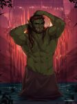  1boy absurdres bara beard bozorg_(theorcbard) brown_hair colored_skin commission covering_privates facial_hair full_beard green_skin groin hairy highres large_pectorals long_hair looking_at_viewer male_focus mature_male monster_boy muscular muscular_male nude_cover one_eye_closed orc original pectorals second-party_source solo sparse_arm_hair sparse_chest_hair sparse_navel_hair standing thedamnthinguy thick_beard thick_eyebrows tusks water waterfall wet wet_hair 