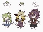  3girls ? artistic_error black_skirt blonde_hair blue_skirt blue_trim brown_headwear chibi chinese_commentary commentary_request frog frog_hair_ornament green_hair hair_ornament hair_ribbon hat kochiya_sanae layered_sleeves long_hair long_sleeves medium_hair moriya_suwako multiple_girls no_mouth no_nose pleated_skirt purple_hair purple_skirt purple_vest red_ribbon red_shirt ribbon shirt short_over_long_sleeves short_sleeves simple_background sketch skirt snake touhou tukiliii vest white_background white_shirt yasaka_kanako 