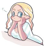  1girl blonde_hair blue_eyes breasts cleavage closed_mouth commentary_request eyelashes hekoningyou_(waraningyou) highres inkling_girl inkling_player_character leaning_forward long_hair pointy_ears solo splatoon_(series) tentacle_hair white_background 