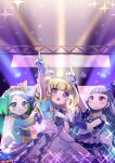  3girls :d arm_up blonde_hair blue_dress blue_hair blunt_bangs blush closed_mouth dress earrings frilled_dress frills gloves gradient_hair green_eyes green_hair grey_hair hat highres holding holding_microphone idol idol_clothes idol_time_pripara index_finger_raised jewelry koda_michiru kokichi_yoko long_hair looking_up microphone miichiru_(pripara) mini_hat mini_top_hat multicolored_hair multiple_girls nijiiro_nino open_mouth outstretched_arm pointing pointing_up pretty_series pripara purple_eyes red_eyes short_hair short_sleeves smile sparkle stage stage_lights standing top_hat two_side_up very_long_hair wavy_hair white_gloves yumekawa_yui 