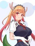  1girl absurdres ascot breasts closed_mouth dadada_(hukutsu_bot_) dotted_background dragon_girl dragon_horns dragon_tail elbow_gloves fang gloves green_tail highres horns kobayashi-san_chi_no_maidragon looking_at_viewer maid maid_headdress orange_eyes own_hands_together red_ascot short_sleeves sidelocks sideways_glance simple_background skin_fang slit_pupils smile solo steepled_fingers tail tohru_(maidragon) twintails upper_body white_gloves 
