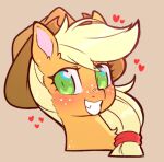 &lt;3 applejack_(mlp) blonde_hair blush bust_portrait clothing cold-blooded-twilight cowboy_hat earth_pony equid equine eyelashes female freckles friendship_is_magic fur green_eyes grin hair hasbro hat headgear headwear horse long_hair mammal my_little_pony orange_body orange_fur pony portrait smile solo teeth