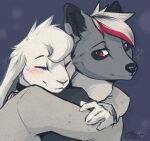 &lt;3 anthro black_clothing black_ear_tips black_inner_ear black_jewelry black_necklace black_nose black_shirt black_topwear blush canid canine canis clothing digital_drawing_(artwork) digital_media_(artwork) duo embrace eyes_closed female fur grey_body grey_clothing grey_fur grey_inner_ear grey_shirt grey_topwear hair hi_res hug hugging_from_behind jewelry lagomorph leporid long_ears looking_at_another looking_back looking_back_at_another lucy_(tiredlittlelucy) male mammal multicolored_hair necklace pink_blush rabbit red_eyes red_hair romantic romantic_couple shirt side_view smile tiredlittlelucy topwear two_tone_hair white_body white_fur white_hair wolf