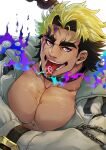  1boy absurdres bara bare_pectorals come_hither dark-skinned_male dark_skin f69g forked_eyebrows highres huge_eyebrows large_pectorals loki_(housamo) looking_at_viewer male_focus mature_male mouth_trail multicolored_hair muscular muscular_male pectorals pink_eyes short_hair solo sparse_stubble tokyo_afterschool_summoners tongue tongue_out tongue_tattoo two-tone_hair upper_body 