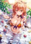  1girl :p bathing bikini black_choker breasts choker cleavage collarbone comic_penguin_club demon_wings floating flower frilled_bikini frills hair_between_eyes highres hot_tub large_breasts leaf licking_lips long_hair looking_at_viewer navel non-web_source orange_bikini orange_eyes orange_hair original partially_submerged petals petals_on_liquid ponytail pumpkin_choker sitting solo swimsuit tongue tongue_out wet wings yan-yam 