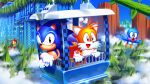  2boys absurdres animal_ears chairlift flicky_(character) fox_ears fox_tail gloves highres hill_top_zone in-universe_location mountain multiple_boys nature official_art pine_tree sonic_(series) sonic_the_hedgehog sonic_the_hedgehog_(classic) sonic_the_hedgehog_2 tail tails_(sonic) tree tripplejaz white_gloves wings 