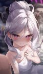  1girl 1other absurdres ahoge black_halo blue_archive closed_mouth commentary_request flat_chest hair_between_eyes halo highres hina_(blue_archive) horns looking_at_viewer naked_towel onsen partially_submerged purple_eyes shiranui_(nisioisin_sinob) solo_focus towel water wet white_hair 
