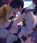  2girls blonde_hair blush breasts check_copyright copyright_request curtains day ear_chain eye_contact gloves green_eyes highres horns imminent_kiss light_particles long_hair looking_at_another love_live! love_live!_sunshine!! matsuura_kanan multiple_girls niant9n ohara_mari parted_lips purple_eyes purple_hair sideboob twitter_username window yuri 