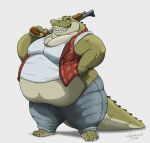 2022 anthro artist_name belly big_belly bottomwear clothing crocodile crocodilian crocodylid denim denim_bottomwear denim_clothing digital_media_(artwork) gun hi_res jeans kenworth_(xxsparcoxx) male multicolored_body multicolored_scales obese obese_male overweight overweight_male pants ranged_weapon reptile scales scalie shirt shotgun solo stubble teeth thick_thighs topwear two_tone_body two_tone_scales weapon xxsparcoxx