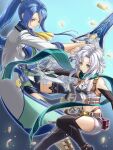  2girls belt_pouch black_gloves black_thighhighs blue_hair boots chiga_akira coat crop_top cropped_jacket eiyuu_densetsu elbow_gloves falling_feathers feathers fie_claussell floating_hair gloves green_eyes gunblade highres holding holding_weapon huge_weapon laura_s._arseid long_hair looking_at_viewer multiple_girls ponytail pouch scarf sen_no_kiseki sen_no_kiseki_iii shorts sidelocks smile sword thighhighs weapon white_hair yellow_eyes 