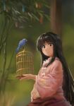  1girl bamboo bird birdcage black_hair blue_bird bow brown_eyes cage hime_cut holding houraisan_kaguya leaf light_blush light_smile long_hair long_sleeves looking_at_animal pink_shirt red_skirt satellitedragon shirt sitting skirt solo touhou white_bow 