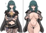  1girl ? areola_slip armlet armor bikini black_bikini black_cape blue_eyes blue_hair bodice breasts bustier byleth_(female)_(fire_emblem) byleth_(fire_emblem) cape cleavage closed_mouth clothing_cutout commentary crossed_arms dagger dark_blue_hair female_pubic_hair fire_emblem fire_emblem:_three_houses flashing gauntlets green_eyes hair_between_eyes highres knife large_breasts lifted_by_self long_hair looking_at_viewer multiple_girls multiple_views navel navel_cutout pantyhose pantyhose_under_shorts patterned_legwear pubic_hair purple_eyes rakeemspoon shorts shoulder_armor simple_background split_screen standing stomach swimsuit tassel turtleneck underwear vambraces weapon white_background 