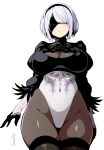  1girl 2b_(nier:automata) absurdres batta_16-sei black_blindfold black_gloves black_hairband black_thighhighs blindfold breasts cleavage cleavage_cutout clothing_cutout covered_navel curvy gloves hairband highleg highleg_leotard highres large_breasts leotard nier:automata nier_(series) puffy_sleeves short_hair simple_background thigh_gap thighhighs white_background white_hair 