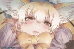  1girl animal_ears blonde_hair blush bow bowtie brown_eyes close-up extra_ears fennec_(kemono_friends) fox_ears hair_between_eyes kemono_friends long_sleeves looking_at_viewer multicolored_hair nyororiso_(muyaa) open_mouth parted_lips pov shirt short_hair short_sleeves solo upper_body white_hair 