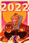  1boy 2022 androgynous animal animal_on_head belt blush chinese_zodiac giri9211 green_eyes grey_hair happy_new_year highres long_hair long_sleeves looking_up male_focus new_year on_head one_eye_closed original pants print_shirt shirt shoes sitting smile sneakers solo tiger tiger_cub year_of_the_tiger 