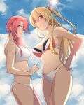  2girls alisa_reinford bikini blonde_hair blue_eyes blue_sky braid braided_ponytail breasts cloud double-parted_bangs eiyuu_densetsu emma_millstein hair_between_eyes hand_on_own_hip il_(il_suffered) large_breasts long_hair looking_at_viewer multiple_girls navel outdoors pink_hair ponytail red_eyes sen_no_kiseki sidelocks sky smile sun sun_glare swimsuit thighs 