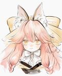  1girl animal_ear_fluff animal_ears bow bowtie closed_mouth cropped_shoulders fate/samurai_remnant fate_(series) fox_ears hair_bow long_hair looking_at_viewer mizutame_tori pink_hair portrait signature simple_background solo tamamo_(fate) tamamo_aria_(fate) white_background white_bow white_bowtie yellow_bow yellow_eyes 