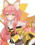  1girl absurdres animal_ear_fluff animal_ears bfmelu blush bow bowtie closed_mouth cowboy_shot fate/samurai_remnant fate_(series) fox_ears hair_bow highres japanese_clothes kimono large_bow long_hair looking_at_viewer pink_hair sidelocks simple_background sleeve_bow sleeves_past_fingers sleeves_past_wrists smile solo tamamo_(fate) tamamo_aria_(fate) white_background white_bow white_bowtie yellow_bow yellow_eyes yellow_kimono 