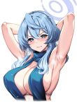  1girl ako_(blue_archive) ako_(dress)_(blue_archive) armpits arms_up backless_dress backless_outfit blue_archive blue_dress blue_eyes blue_hair blue_halo blush breasts cleavage commentary_request dress halo highres kyogoku_shin large_breasts long_hair looking_at_viewer official_alternate_costume sideless_dress simple_background sleeveless sleeveless_dress solo upper_body white_background 
