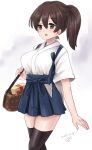  1girl bag black_hairband black_thighhighs blue_hakama blue_skirt gift hairband hakama hakama_short_skirt hakama_skirt handbag japanese_clothes kaga_(kancolle) kantai_collection kitagawa_mikio long_hair one-hour_drawing_challenge side_ponytail skirt solo standing thighhighs 