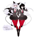  2girls animal_ears arbus ater black_footwear black_hair cat_ears collared_shirt demon demon_girl demon_tail demon_wings funamusea grey_skirt haiiro_teien long_hair matang23 multiple_girls pantyhose red_eyes red_pantyhose salute shirt short_hair siblings sisters skirt tail twins uniform v white_hair wings 