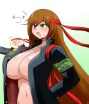  1boy 1girl 2channel alternate_breast_size armband black_jacket blush breasts brown_hair commentary_request dated green_background green_eyes headband heterochromia highres itini-sanshi jacket large_breasts long_hair looking_at_breasts navel no_shirt notice_lines open_clothes open_jacket open_mouth ouendan red_eyes red_headband rozen_maiden solo_focus suiseiseki sweat upper_body v-shaped_eyebrows very_long_hair yaruo 