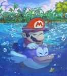  1boy 1girl bubble bush closed_eyes day facial_hair fish gem gloves hat highres leaf mario mario_(series) mustache outdoors paper_mario paper_mario_64 red_headwear sky sparkle sushie tree underwater water white_gloves ya_mari_6363 