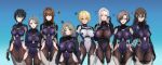  6+girls absurdres armored_core armored_core_6 blue_eyes bodysuit breasts brown_hair character_request genderswap genderswap_(mtf) gloves highres hominamia large_breasts long_hair medium_breasts multiple_girls pilot_suit purple_bodysuit scar scar_on_face short_hair skin_tight v.iv_rusty v.v_hawkins v.viii_pater 