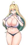  1girl abc_(type5_labyrith) ahoge blonde_hair breasts choker cleavage closed_mouth collarbone colored_inner_hair commentary_request cowboy_shot curvy denim denim_shorts elf elven_forest_maker green_eyes green_hair hair_between_eyes hand_on_own_hip highres huge_breasts last_origin looking_at_viewer multicolored_hair navel pointy_ears shirt short_shorts shorts sleeves_rolled_up smile solo standing thighs tied_shirt two-tone_hair v white_choker white_shirt 