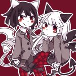  2girls animal_ears arbus ater black_hair blush cat_ears collared_shirt demon_girl demon_tail demon_wings funamusea grey_footwear grey_skirt haiiro_teien long_hair looking_at_viewer mori-bun multiple_girls pantyhose red_eyes red_pantyhose shirt short_hair siblings sisters skirt tail twins uniform white_hair wings 